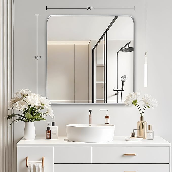 Fabuday Bathroom Mirror with Silver Frame - 30x30 Inch Over Sink Rectangle Mirror for Bathroom, Wall Mounted Chrome Mirrors for Vanity, Farmhouse Decor, Matte Finish, Horizontal or Vertical Hanging
