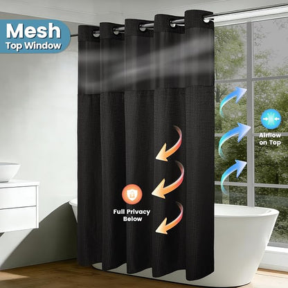 EUTXL Heavyweight No Hook Shower Curtain with Liner, Black, 54x80 | Snap in Liner, Thick Waffle Fabric, Hotel Quality, Corner Magnets, Waterproof & Washable