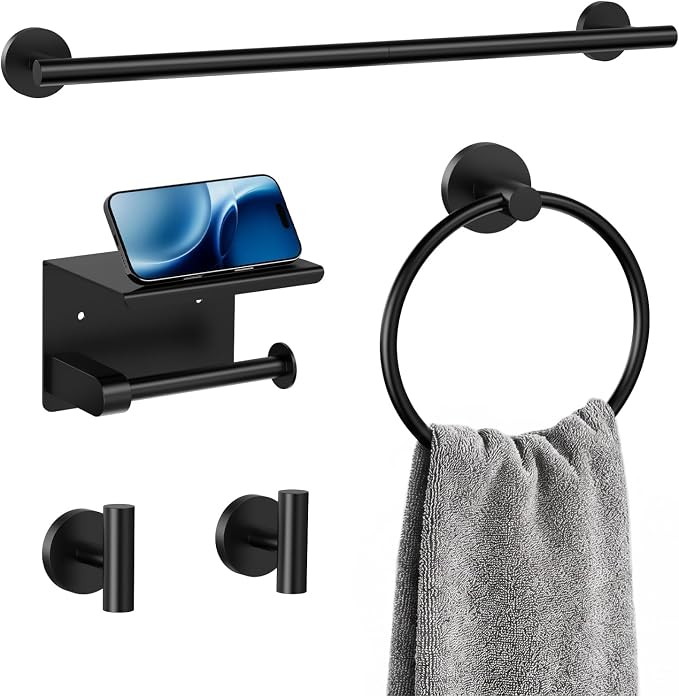 5-Piece Matte Black Bathroom Towel Bar Set,24" Bathroom Hardware Kit | Total 26 Inch Towel Racks for Bathroom Wall Mounted,SUS304 Stainless Steel Towel Bar for Bathroom, Kitchen, Laundry