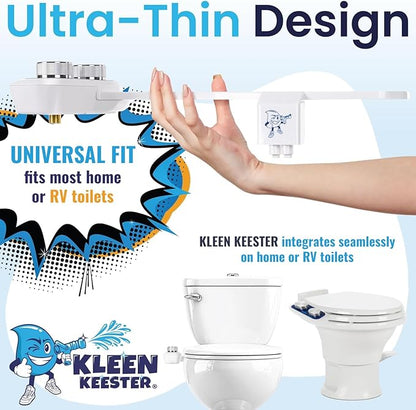 RV BIDET by KLEEN KEESTER - Dual Self Cleaning Nozzles, Front & Rear Cleaning, Non Electric Ultra-Thin Toilet Seat Attachment - Home Kit Included