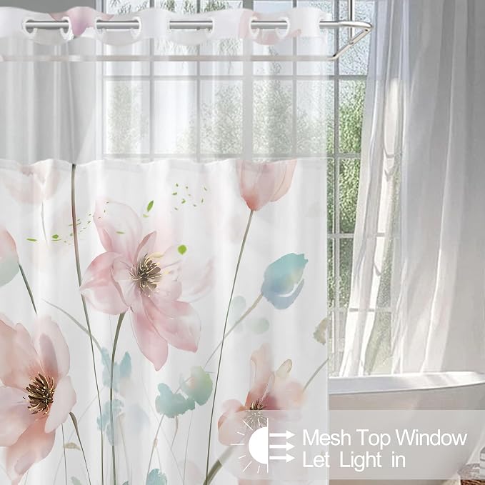 No Hook Shower Curtain and Liner Set, Light Pink Boho Floral 71x74 | Watercolor Boho Flower, with Snap in Liner, Mesh Top Window, Waterproof, Machine Washable, Quick-Drying, for Hotel Bathroom
