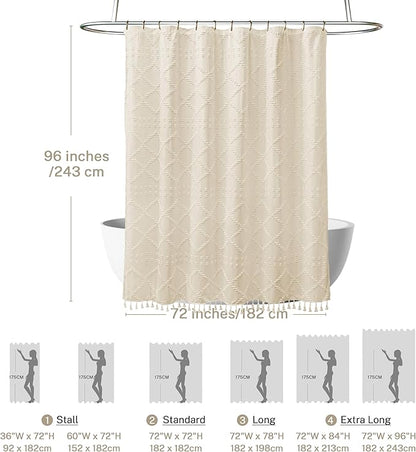 Extra Long Cream/Beige Boho Shower Curtain - Woven Fabric Farmhouse 96 Inch, 72 x 96 Tufted Chevron Textured Striped Modern Minimalist Cloth Curtain for Bathroom