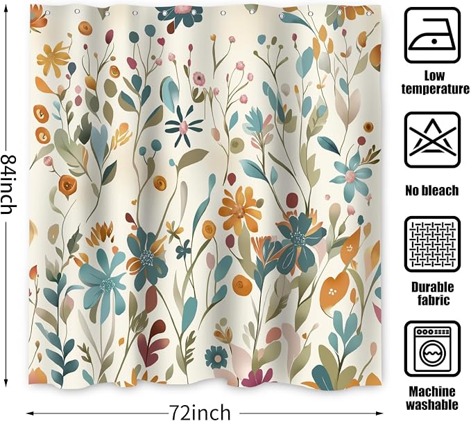 Colorful Floral Extra Long Shower Curtain, Wildflower Plant Leaves Cute Flower Spring Herbs Waterproof Fabric Machine Washable for Bathroom Bathtub with Hooks 72Wx84H