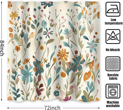 Colorful Floral Extra Long Shower Curtain, Wildflower Plant Leaves Cute Flower Spring Herbs Waterproof Fabric Machine Washable for Bathroom Bathtub with Hooks 72Wx84H