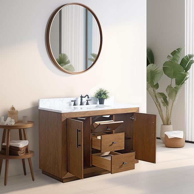 Vanity Art 48" Bathroom Vanity with Sink, Solid Poplar Wood Vanity Cabinet with Doors and Shelf, Modern Wood Bathroom Vanity with White Marble Top, 3 Functioning Drawers, VA70-48-T-E