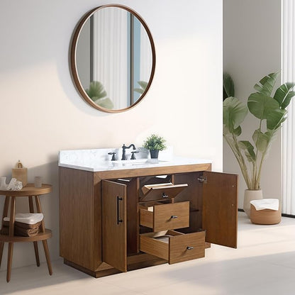 Vanity Art 48" Bathroom Vanity with Sink, Solid Poplar Wood Vanity Cabinet with Doors and Shelf, Modern Wood Bathroom Vanity with White Marble Top, 3 Functioning Drawers, VA70-48-T-E