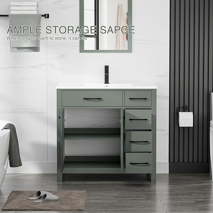 LUCKWIND 36" Bathroom Vanity with Sink Combo, Painted Modern Bathroom Storage Cabinet with Ceramic Sink, Two Doors and Three Drawers, Include Faucet, Without Mirror, Green