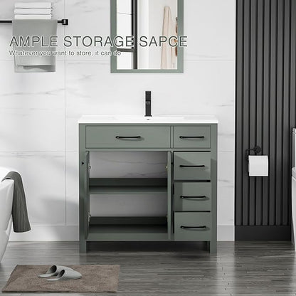 LUCKWIND 36" Bathroom Vanity with Sink Combo, Painted Modern Bathroom Storage Cabinet with Ceramic Sink, Two Doors and Three Drawers, Include Faucet, Without Mirror, Green