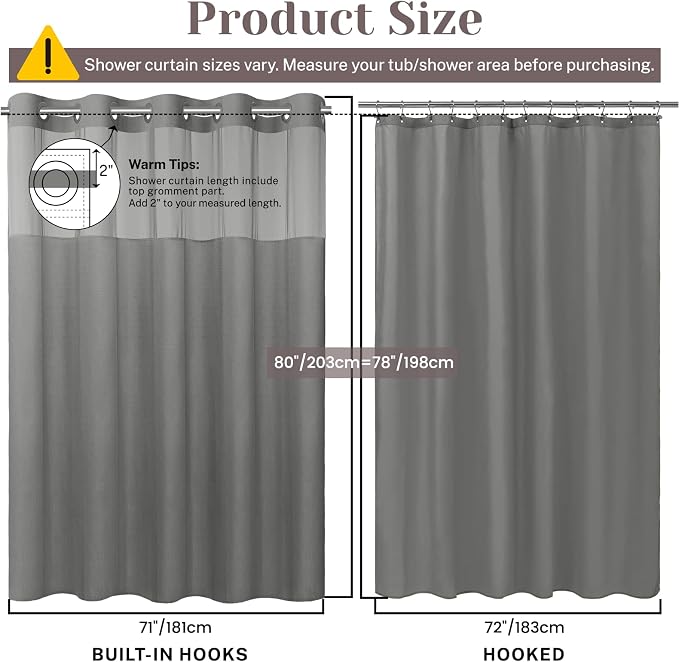 SORTTO No Hook Slub Shower Curtain with Liner, 71x80, Grey | Snap in Liner, 3 in 1, Bamboo Texture, Hotel Style, Waterproof Fabric, Mesh Top Window, Corner Magnets, Machine Washable