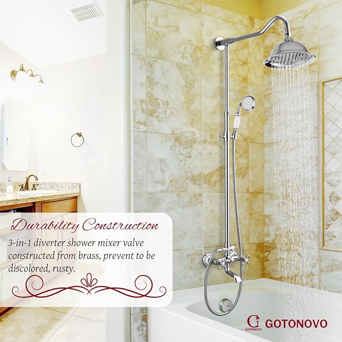 gotonovo Vintage Exposed Shower Faucet Set with Tub Spout,Polish Chrome | Bathtub 8” Shower Head with Handheld System Fixtures Combo Kit,360°Rotation,Fast Filler,Extra Extension Tube,for 5-6.7" Hole