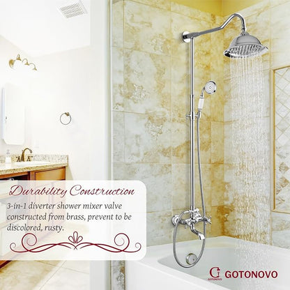 gotonovo Vintage Exposed Shower Faucet Set with Tub Spout,Polish Chrome | Bathtub 8” Shower Head with Handheld System Fixtures Combo Kit,360°Rotation,Fast Filler,Extra Extension Tube,for 5-6.7" Hole