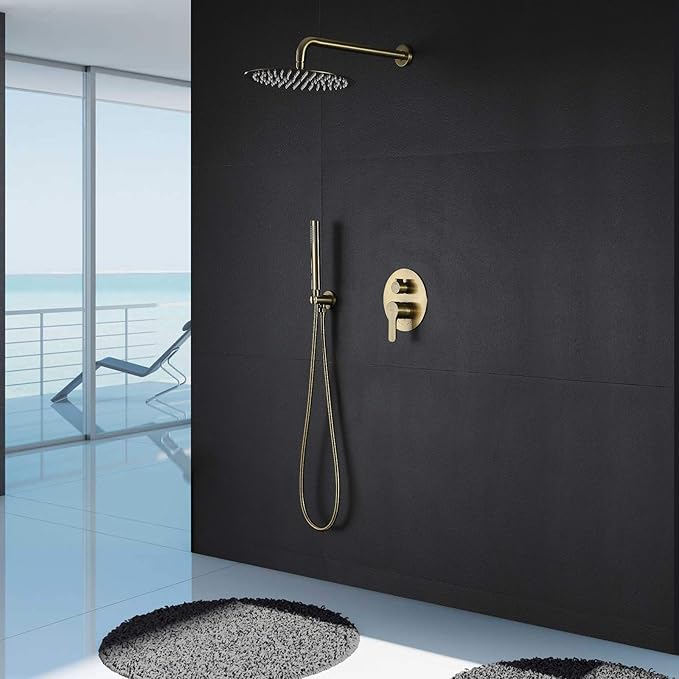 TIPOK Brushed Gold Shower System with 10 Inch Rain Shower Head and Handheld, Gold Shower Faucet Set Has High-Pressure Rain Showerhead and Pressure Balance Golden Brush Brass Valve for Shower Fixtures