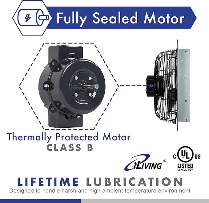 iLiving New Upgraded 10" Wall Mounted Exhaust Fan - Automatic Shutter - Variable Speed - Vent Fan For Home Attic, Shed, or Garage Ventilation, 65 Watts, 820 CFM, 1200 SQF Coverage Area