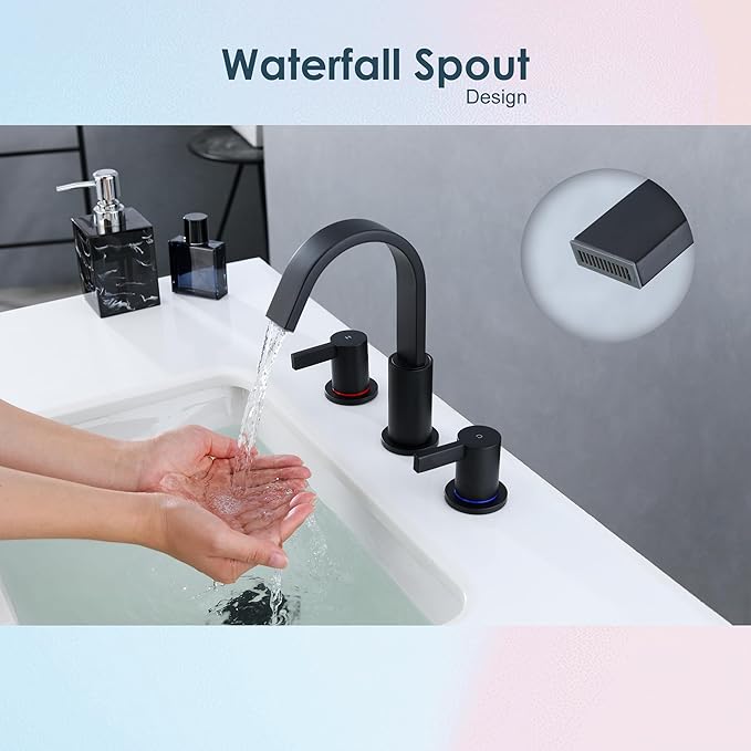 Matte Black Bathroom Faucets 3 Holes, 8 Inch Widespread Bathroom Sink Faucet, 2 Handles Black Bathroom Faucet with Pop-up Drain and Supply Hose SE-0018-BK