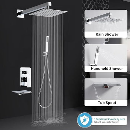 Chrome Shower Faucet Set with Tub Spout 8 Inch Rain Shower | Shower Head and Handle Set, Tub and Shower Faucet Combo Handheld Shower System Square Wall Mount for Bathroom