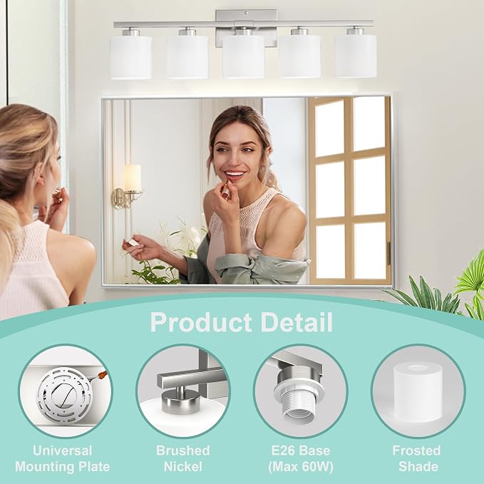 Honesorn 5-Light Bathroom Vanity Light, Anti-Rust Bathroom Light Fixtures | Bathroom Light Over Mirror, Milky White Frosted Shades, Brushed Nickel, E26 Socket(Bulbs Not Included)