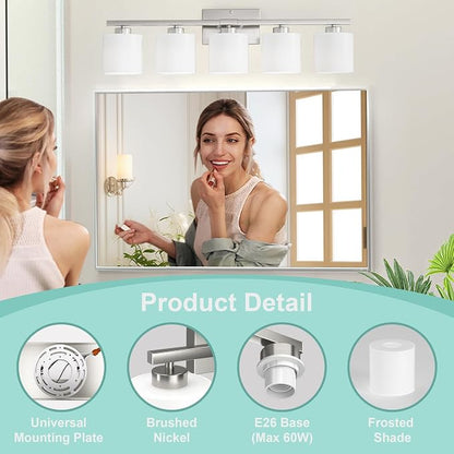 Honesorn 5-Light Bathroom Vanity Light, Anti-Rust Bathroom Light Fixtures | Bathroom Light Over Mirror, Milky White Frosted Shades, Brushed Nickel, E26 Socket(Bulbs Not Included)