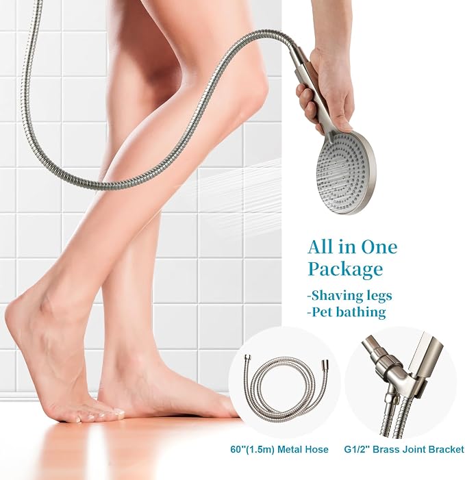 OFFO Handheld Shower Head Set, 6-Mode Brushed Nickel High Pressure Handheld Sprayer with 60" Stainless Steel Hose & Holder, High Flow Large Powerful Boosting Handheld Showerhead for Low Water Pressure