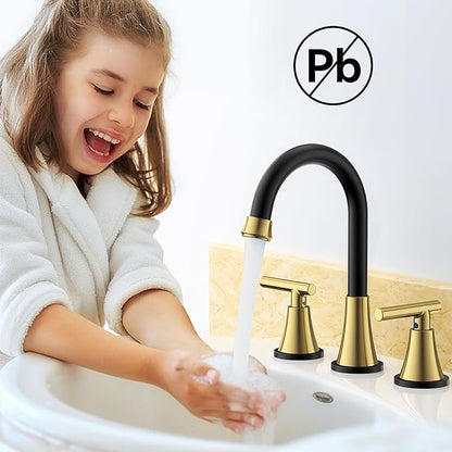 Bathroom Faucets for Sink 3 Hole, Hurran Black& Gold Bathroom Sink Faucet with Pop-up Drain and Supply Lines, Stainless Steel Lead-Free Widespread Faucet for Vanity RV, 2 Pack