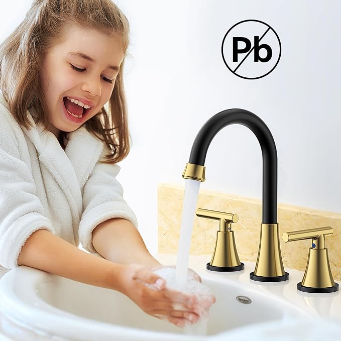 Bathroom Faucet 3 Hole, Black& Gold Faucets with Drain and Supply Lines | Hurran Stainless Steel Lead-Free Widespread Bathroom Sink Faucet for Vanity RV Restroom Laundry Outdoor Camper, 2 Pack