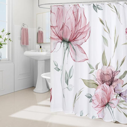 Litabel Long Boho Watercolor Floral Shower Curtain 72 x 78, Pink and Grey Ink Painting Style Flower Shower Curtains for Chic Elegant Bathroom, Artistic 78 Inch Long Fabric Shower Curtain