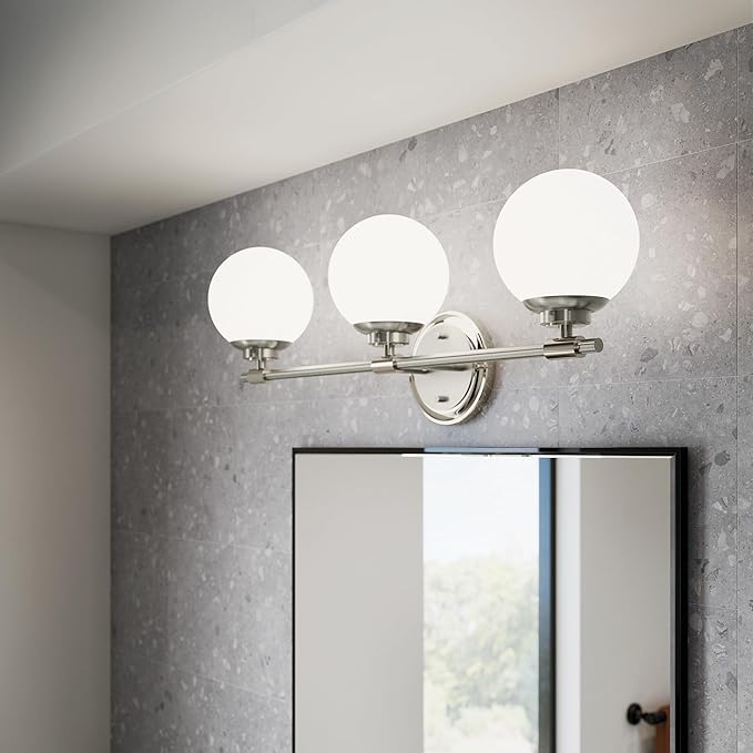 Kichler Benno 3-Light Vanity, Modern Light with Opal Glass in Polished Nickel and Brushed Nickel, for Bathroom or Powder Room (8.75" x 24.5"), 55172PN