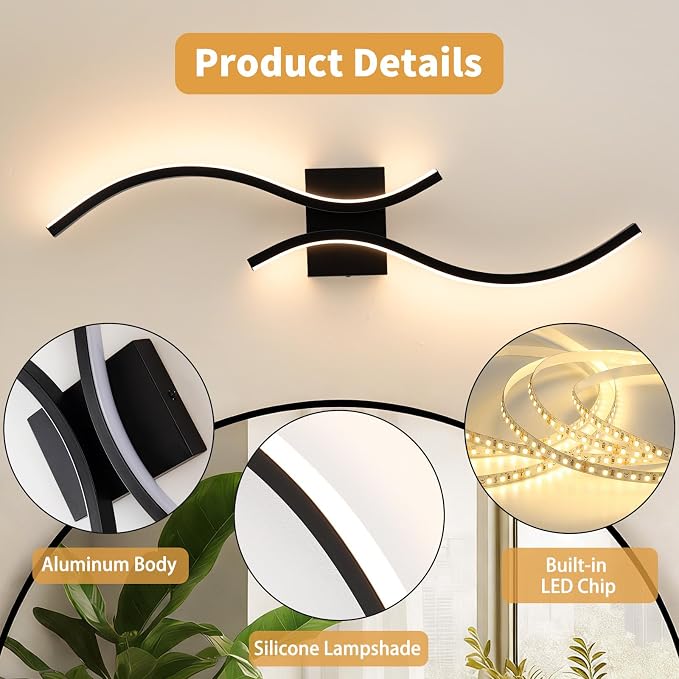 CANEOE Modern LED Wall Sconce Set of Two, 3000K Warm White Led Wall Light Fixture, 31.5inch Black Modern Sconces Wall Lighting for Bedroom, Living Room, Hallway, Staircase, Bathroom