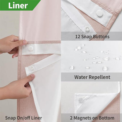 eachope No Hook Linen Texture Shower Curtain with Snap-in Liner,71x86 Blush | Extra Long,230GSM Thick Fabric,Hotel Luxury Decor,Mesh Top Window,Bottom Magnetic,Waterproof & Machine Washable,for Bathroom