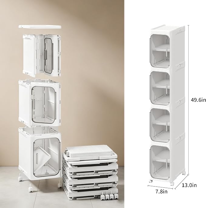 4-Tier Narrow Storage Cabinet Slim Bathroom Tall Skinny Organizer,White | Foldable Storage Cabinet with Lockable Rolling Wheels Magnetic Clear Door Adjustable Detachable Shelves For Narrow Space