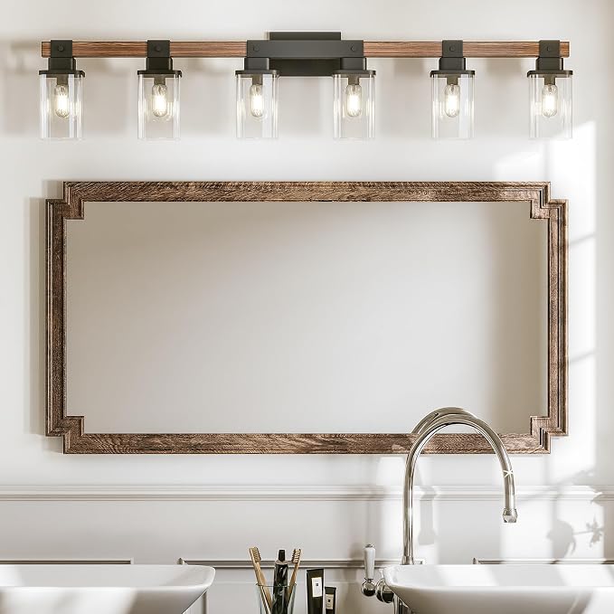 6 Light Bathroom Vanity Light 41 in with Glass Shade, Farmhouse Vanity Light for Bathroom Light fixtures Over Mirror, Square Rustic Brown
