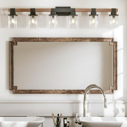 6 Light Bathroom Vanity Light 41 in with Glass Shade, Farmhouse Vanity Light for Bathroom Light fixtures Over Mirror, Square Rustic Brown