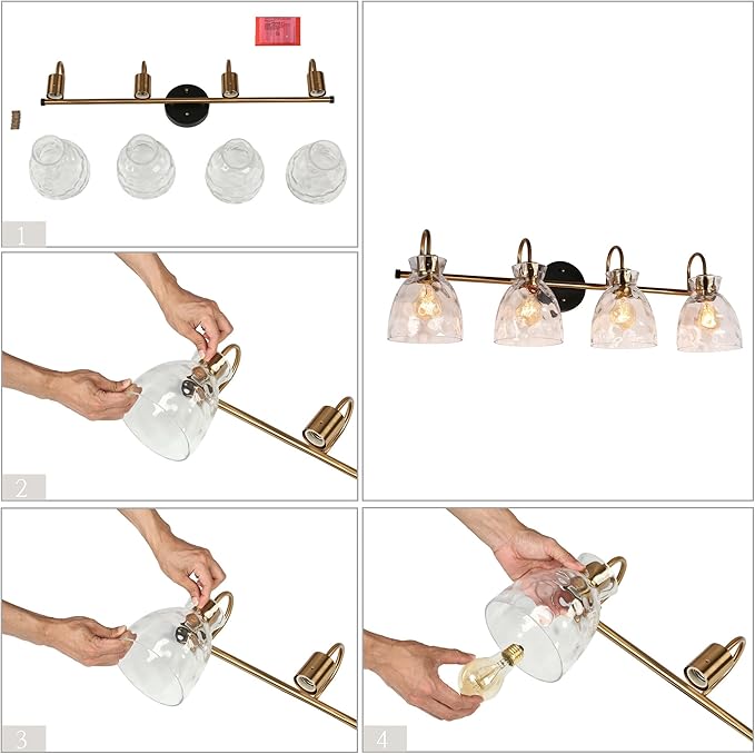 KSANA Bathroom Light Fixtures, 31" Large Vanity Lights Over Mirror 4 Light Bathroom Lighting with Textured Glass Mid-Century Modern Vanity Light for Dressing Room, Powder Room