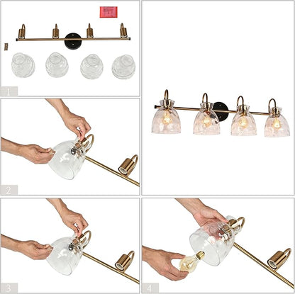 KSANA Bathroom Light Fixtures, 31" Large Vanity Lights Over Mirror 4 Light Bathroom Lighting with Textured Glass Mid-Century Modern Vanity Light for Dressing Room, Powder Room