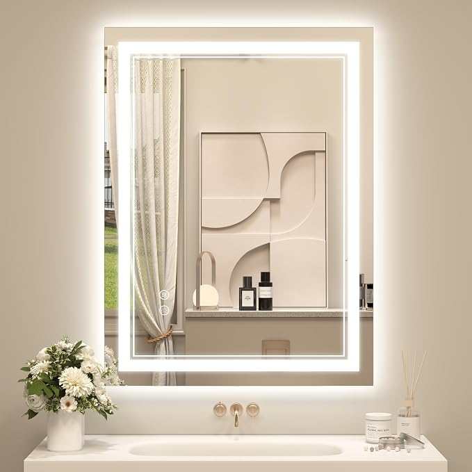 OKPAL 24x32 LED Bathroom Mirror, Anti-Fog Lighted Bathroom Mirror, Dimmable Lighted Vanity Mirror, LED Vanity Mirror with Lights, Shatterproof, ETL Listed, Horizontal/Vertical