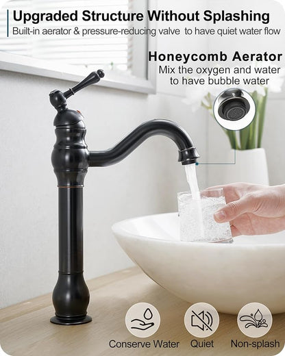Oil Rubbed Bronze Bathroom Faucet 1 Hole, Brass Tall Bathroom Faucet Single Handle, 360 Degree Swivel Bath Faucet, Vessel Sink Faucet Bathroom Faucets with Pop-up Drain & Aerator for Farmhouse