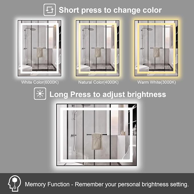18x24 inches Rectangular Aluminum Black Framed LED Mirror, Smart Bathroom Mirror with Lights, Anti-Fog, Tempered Glass, 3 Colors Dimmable, Front and Backlit, Wall Mounted, Memory