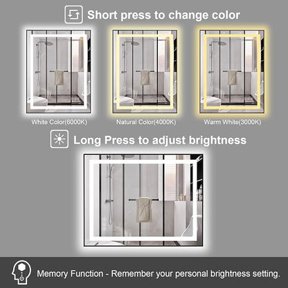 18x24 inches Rectangular Aluminum Black Framed LED Mirror, Smart Bathroom Mirror with Lights, Anti-Fog, Tempered Glass, 3 Colors Dimmable, Front and Backlit, Wall Mounted, Memory