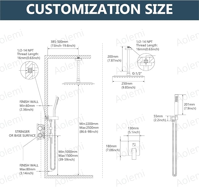 Aolemi Ceiling Shower Faucet Set with Handheld 10" LED Head Brushed Gold | Handheld Spray,10 Inch Rain LED Head,Shower Valve and Trim Kit,All Metal,Ceiling System,Bathroom Mixer