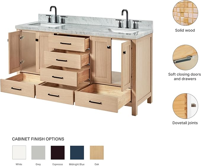 ARIEL Cambridge 66-inch Bathroom Vanity with Sink,Solid Wood, 1.5-inch Italian Carrara Marble Countertop, Double Rectangular Porcelain Sink, 4 Soft Closing Doors, 6 Dovetail Drawers, White Oak