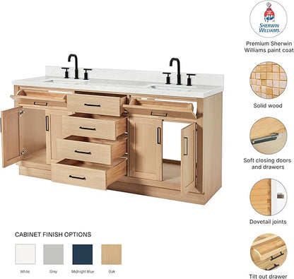 DKB Isabella 72-Inch Oak Double Bathroom Vanity, 1.5-Inch Carrara White Quartz Countertop & 4" Backsplash, Rectangle Sinks, 4 Soft Closing Doors, 6 Dovetail Drawers, Matte Black Hardware
