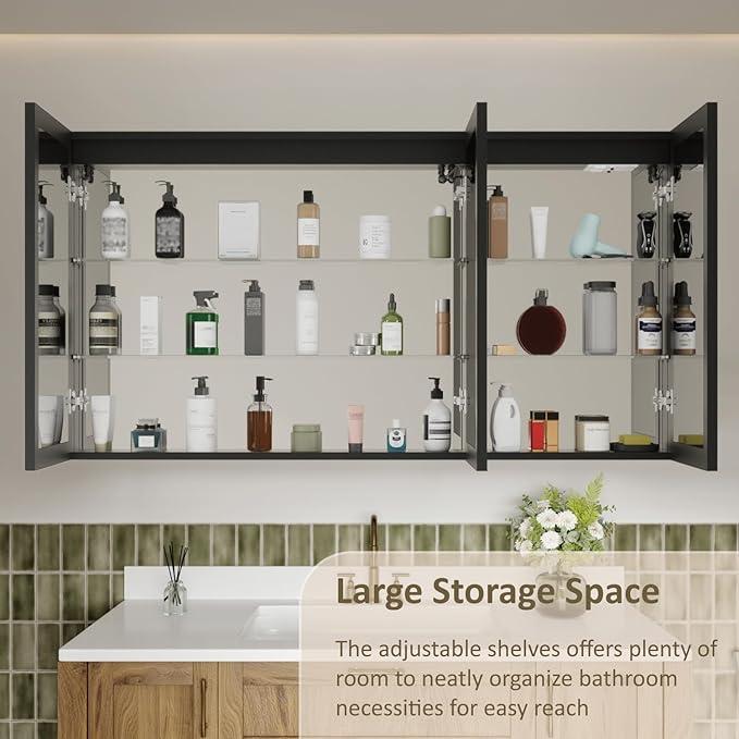 60x32 Inch Medicine Cabinet with Lights, Aluminum Frame, LED Lighted, Anti-Fog, Adjustable Shelves, Dimmable Lighting, Outlets & USB, Recessed or Surface Mount, ETL Listed, Black Rim