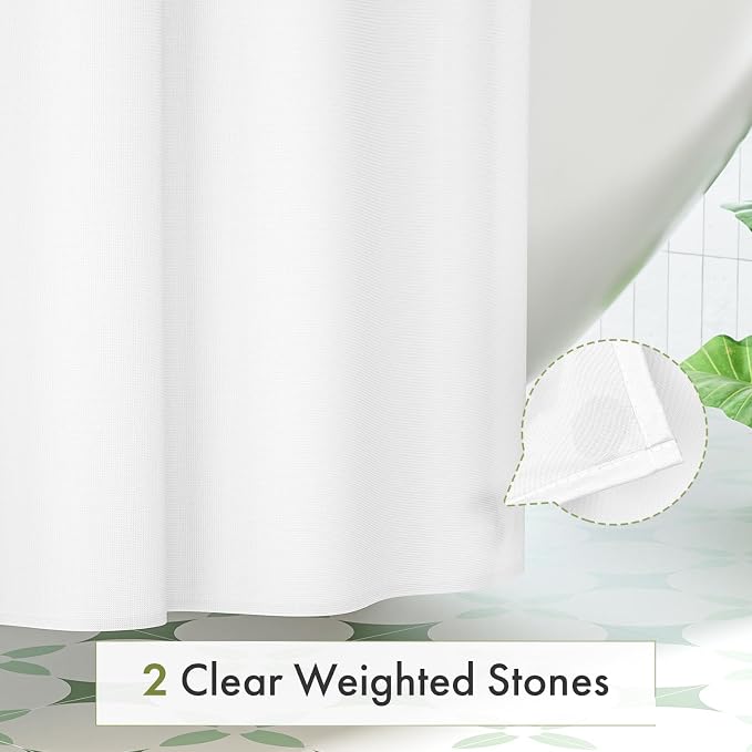 Long Shower Curtain Liner Washable 72x80 Inches, White Shower Liner Fabric with 2 Bottom Stones, Waterproof 2-in-1 Shower Curtain and Liner, 12 Grommet Holes, 120 GSM, White