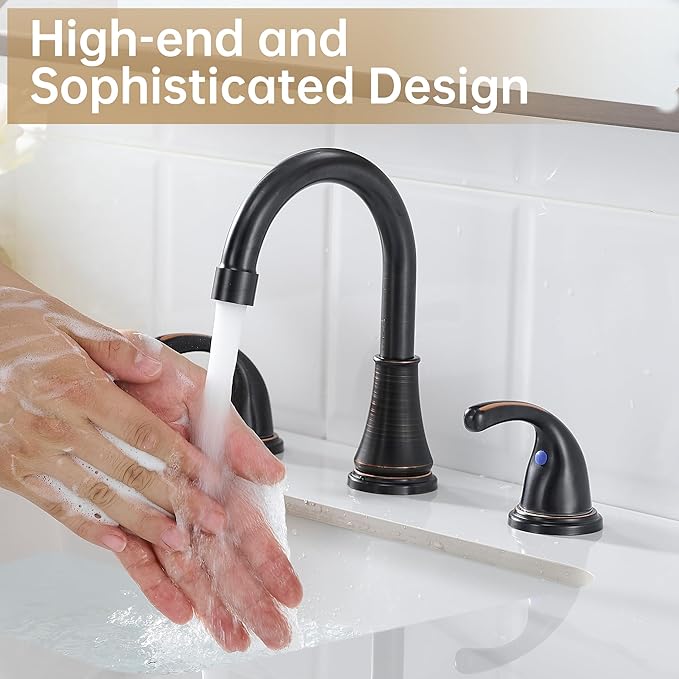 Bathroom Faucet 3 Holes, 8 Inch Widespread Faucet 2 Handle Bathroom Sinks Faucets Lead-Free Oil Rubbed Bronze Bath Sinks Faucets with Pop-up Drain Stopper and Supply Hoses