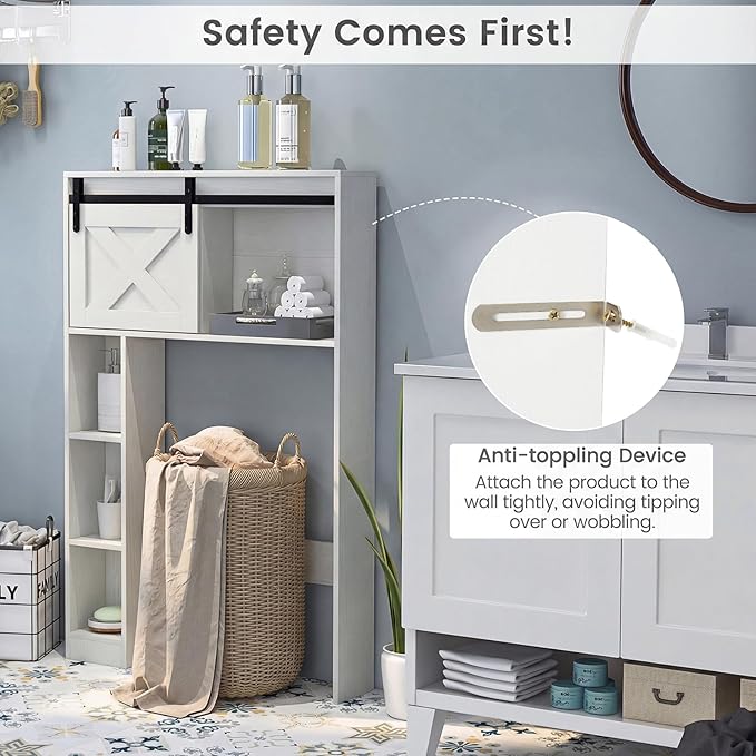 GIANTEX Over The Toilet Storage Cabinet - Freestanding Bathroom Organizer with Sliding Barn Door & Storage Shelves, Multifunctional Bathroom Toilet Rack for Bathroom, Restroom, Laundry (White)