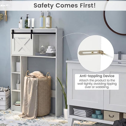 GIANTEX Over The Toilet Storage Cabinet - Freestanding Bathroom Organizer with Sliding Barn Door & Storage Shelves, Multifunctional Bathroom Toilet Rack for Bathroom, Restroom, Laundry (White)