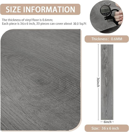Peel and Stick Floor Tile Wood Plank Look, Self-Adheisve Vinyl Flooring | Grey, 20-Pack 30 Sq.Ft, Floor Tiles Peel and Stick Waterproof for Bathroom Kitchen RV Renter, 36x6inch