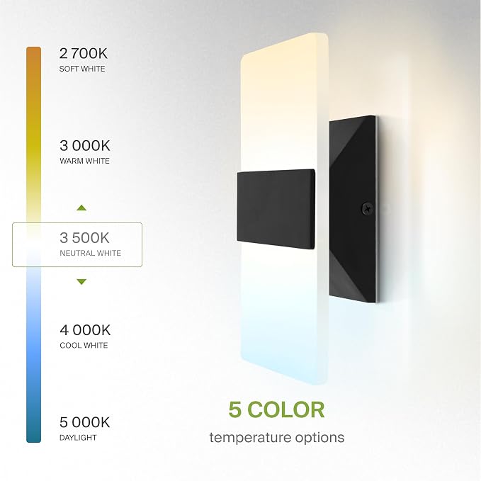 ASD 8 Inch Indoor LED Wall Sconce - 10W 2700K-5000K Dimmable Black Wall Sconce Lights for Living Room, Bedroom, Bathroom, Hallway - Modern Wall Sconces Hardwired, ETL Interior Light
