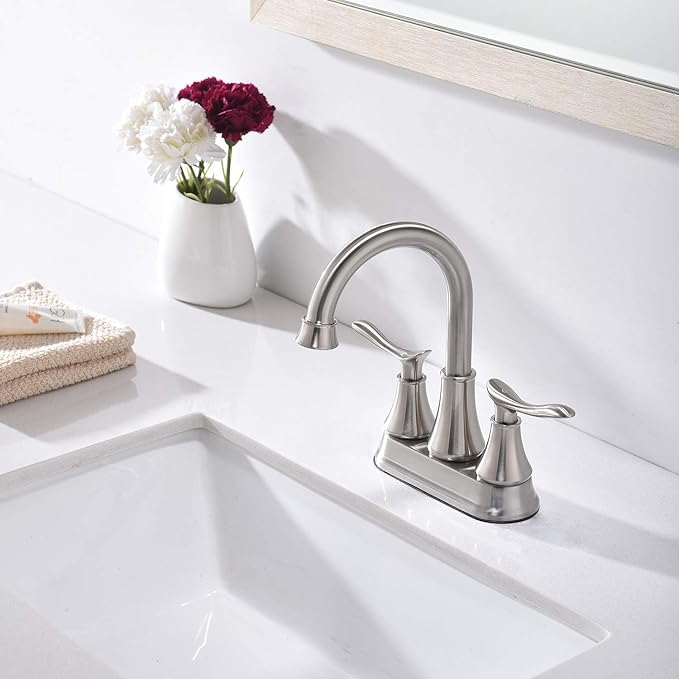 KINGO HOME Modern Brushed Nickel 2-Handle Bathroom Faucet, 4 inch Centerset RV Bathroom Sink Faucet Lavatory Bath Sink Vanity Faucet with Water Supply Lines and Pop Up Drain