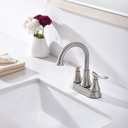 KINGO HOME Modern Brushed Nickel 2-Handle Bathroom Faucet, 4 inch Centerset RV Bathroom Sink Faucet Lavatory Bath Sink Vanity Faucet with Water Supply Lines and Pop Up Drain