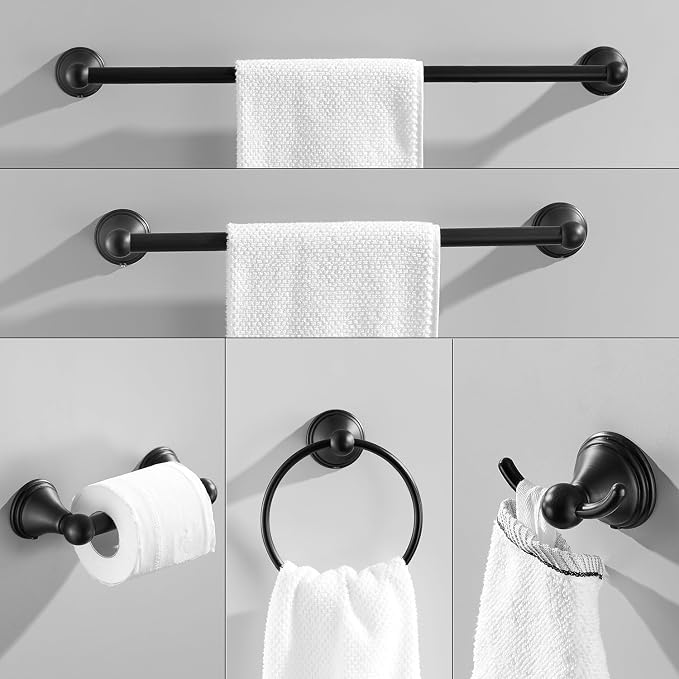 Sagetta Bathroom Hardware Set, 5-Piece Bath Accessories Set Matte Black Wall Mount Includes 24 in Towel Bar, 16 in Towel Bar, Towel Ring, TP Holder